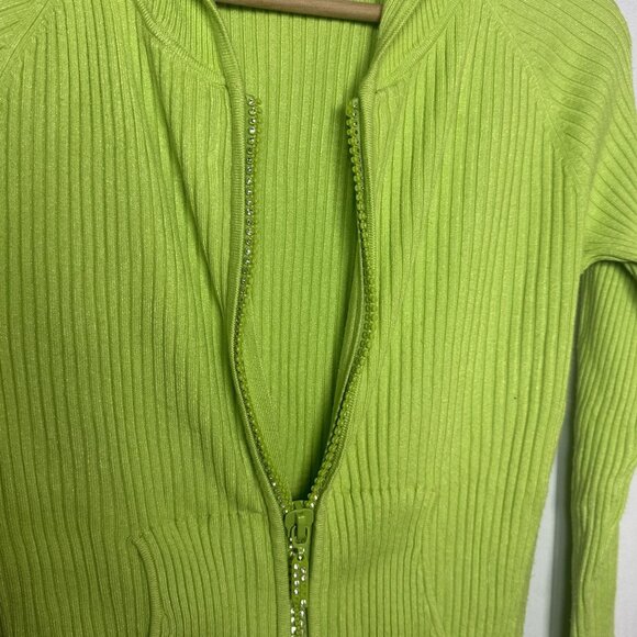 Belldini Bright Green Hooded Ribbed Sweater with Rhinestone Zipper Size Medium - Picture 4 of 9